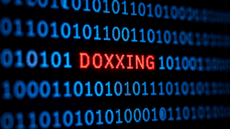 Doxxing concept showing digital code and data patterns highlighting online privacy and personal information exposure.
