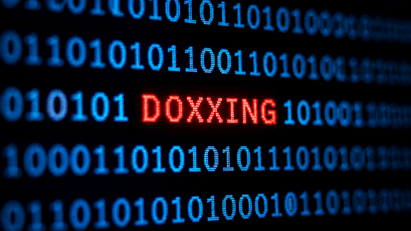 Doxxing concept showing digital code and data patterns highlighting online privacy and personal information exposure.