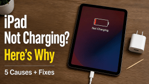 iPad showing Not Charging screen with adapter and toothpick nearby, why does my iPad say not charging