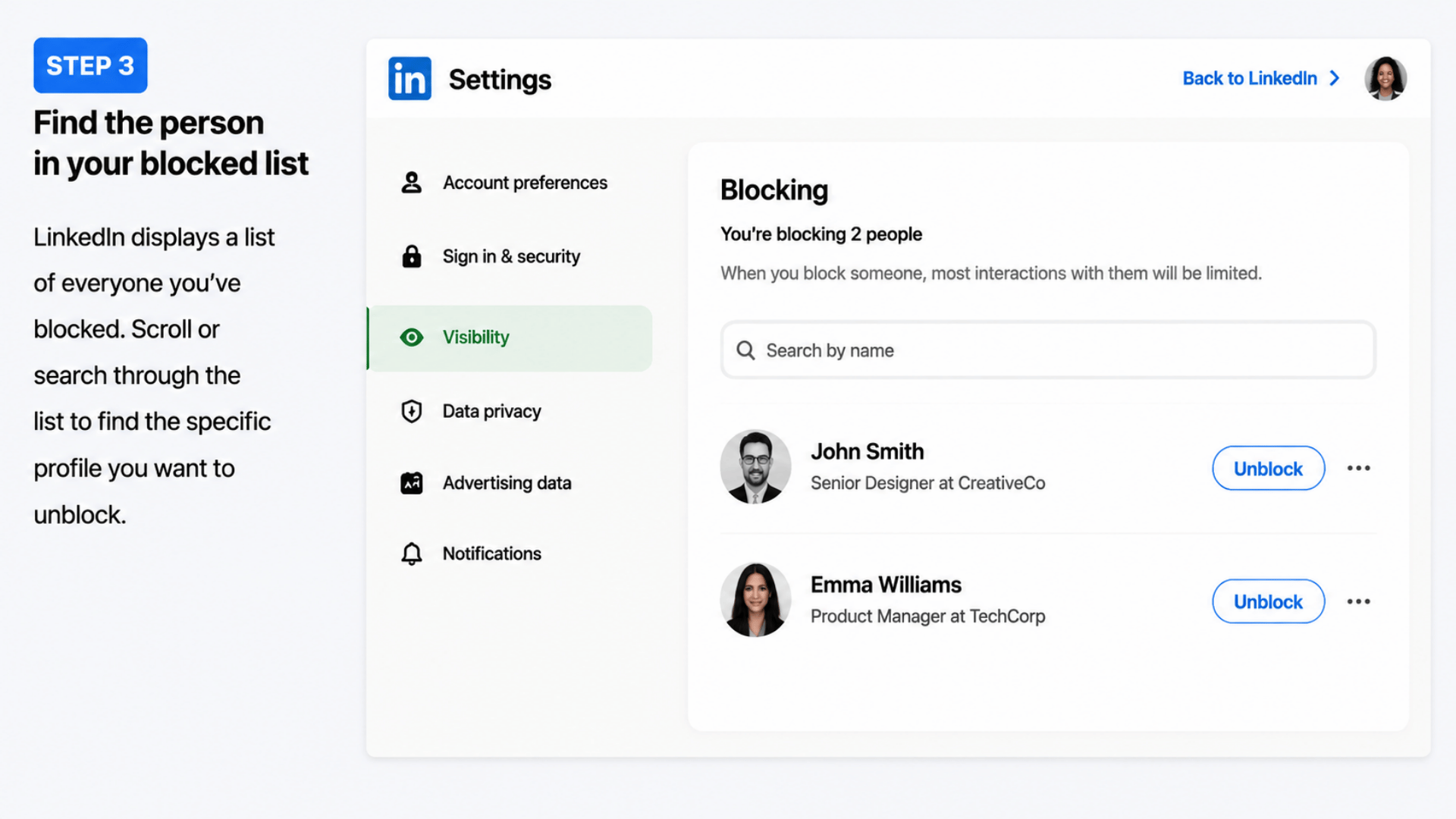 LinkedIn settings Blocking page showing blocked accounts list with John Smith and Emma Williams and Unblock buttons