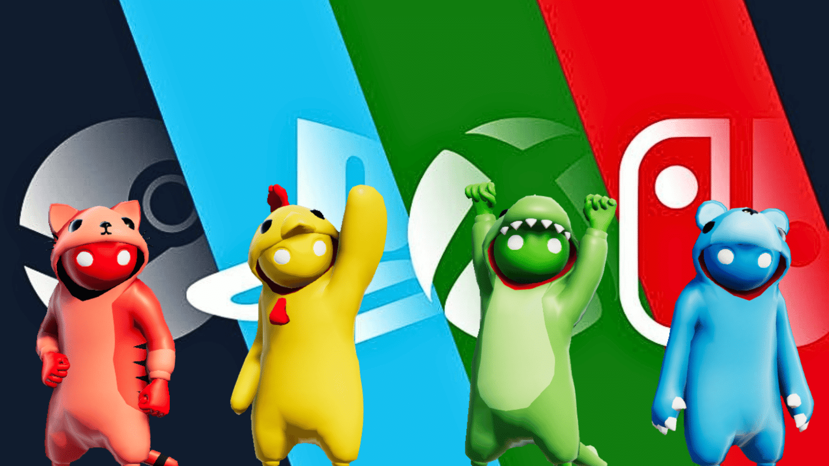 Four Gang Beasts characters in animal costumes before Steam, PlayStation, Xbox, and Nintendo Switch logos.