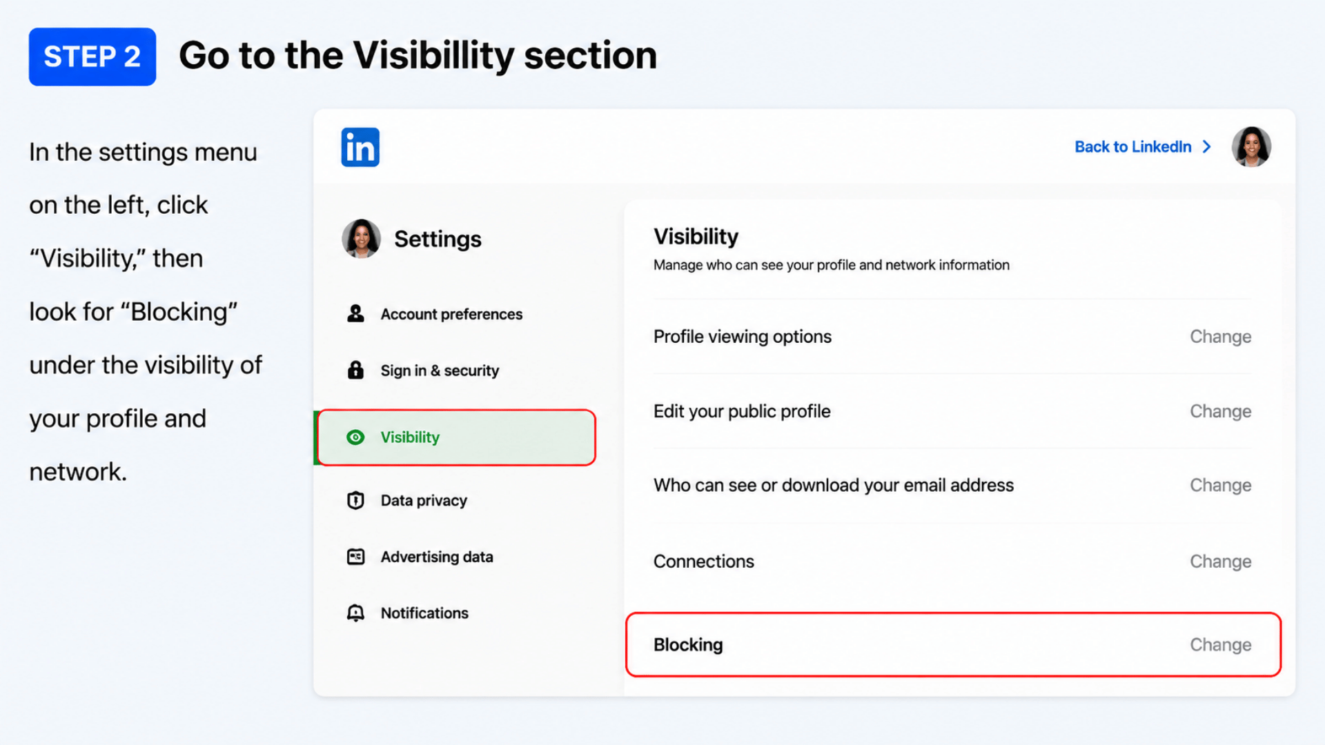 LinkedIn settings page with Visibility section selected and Blocking option highlighted in settings list