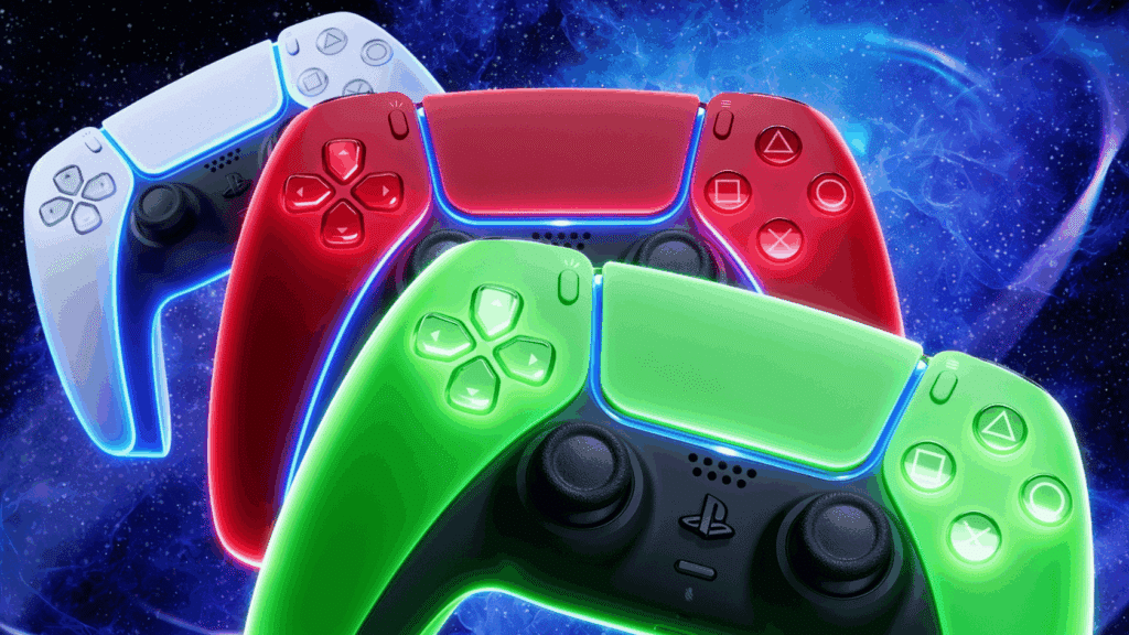 PS5 controller calibration setup featuring multiple DualSense controllers in different colors against a gaming background.
