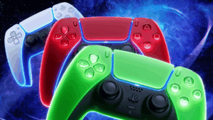 PS5 controller calibration setup featuring multiple DualSense controllers in different colors against a gaming background.