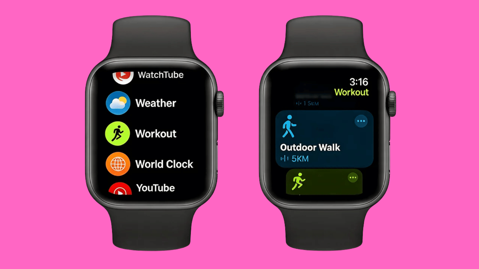 Apple Watch displays the Workout app with Outdoor Walk tracking and available apps on the watch screen.
