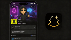 Snapchat profile screen showing username, story feed, optional badge, custom app icon, and Bitmoji background cues