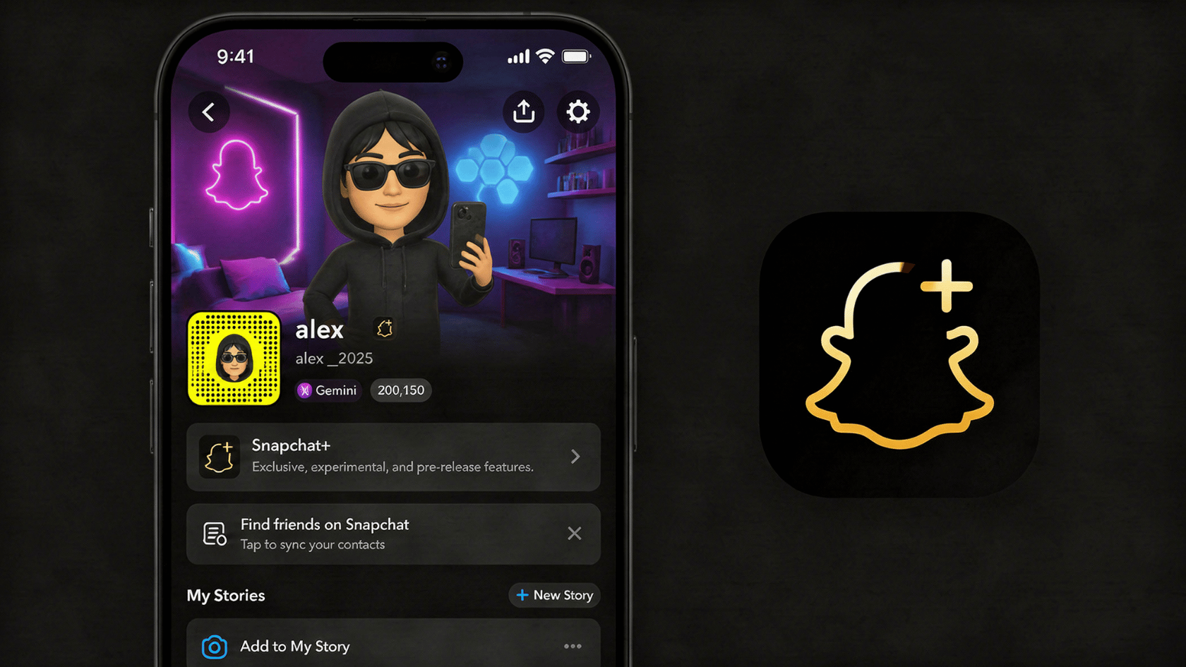 Snapchat profile screen showing username, story feed, optional badge, custom app icon, and Bitmoji background cues