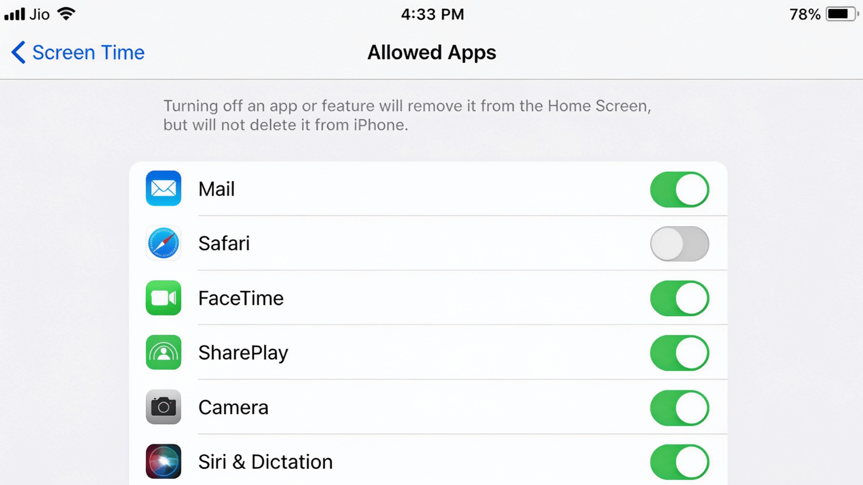 iPhone Screen Time settings showing Safari toggle switched off