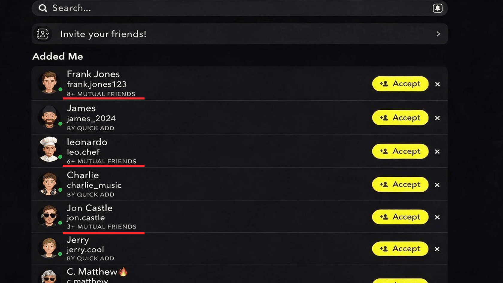 Mutual friends on Snapchat list showing suggested users with shared friend counts in the Add Friends section