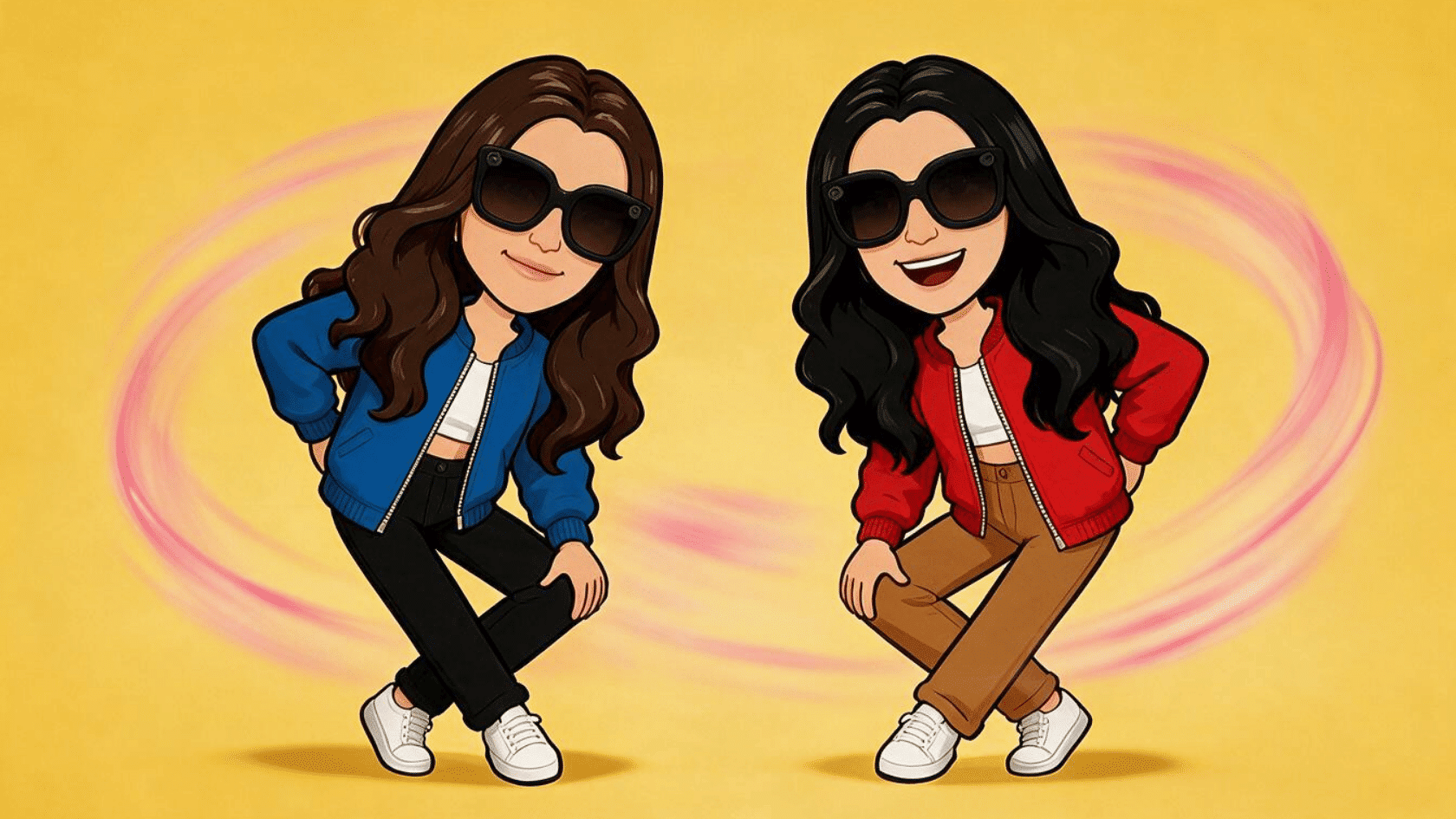 Bitmoji friends wearing sunglasses and colorful jackets standing together on a yellow background.