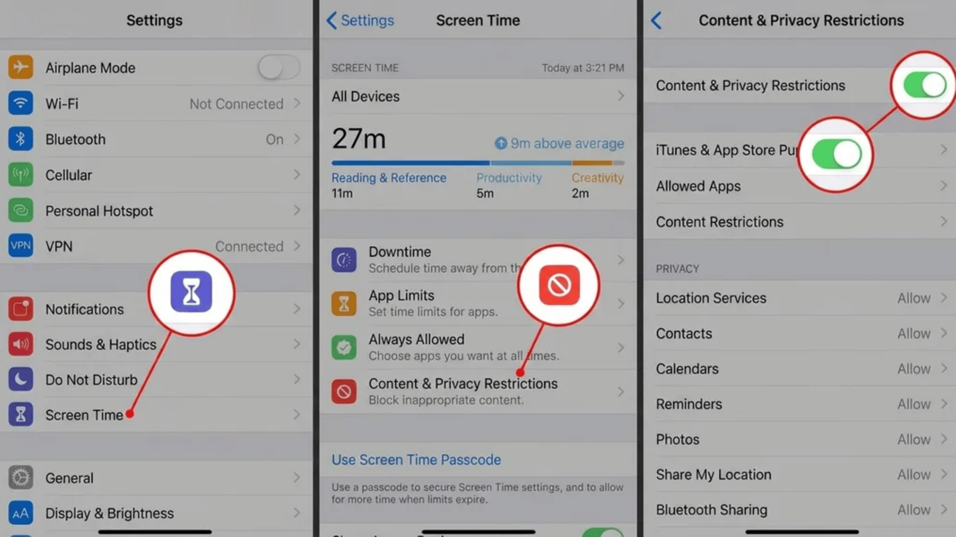 iPhone parental controls Screen Time setup showing Settings, Screen Time, and Content & Privacy Restrictions toggles