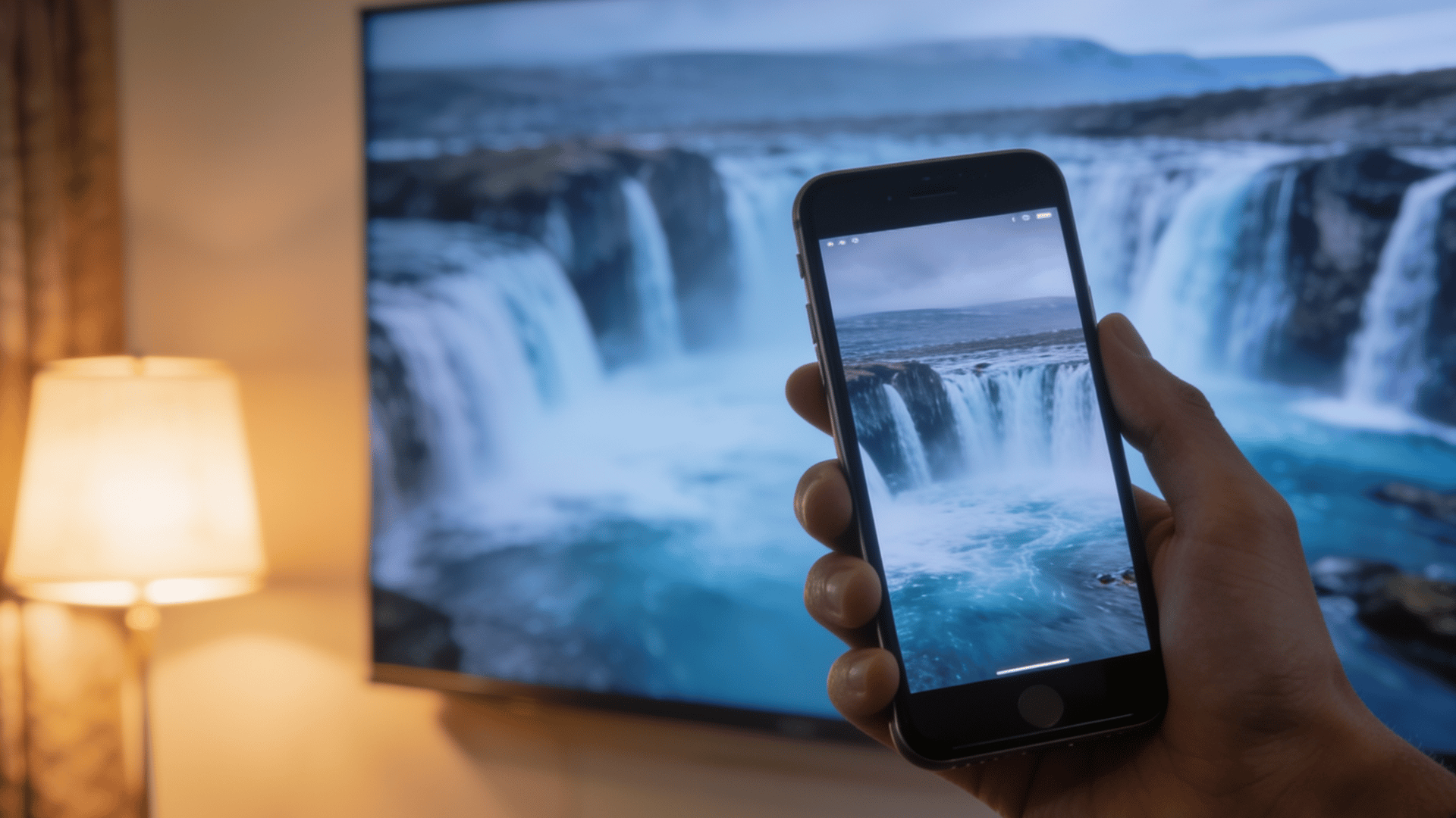Phone and TV showing the same screen content during active screen mirroring connection