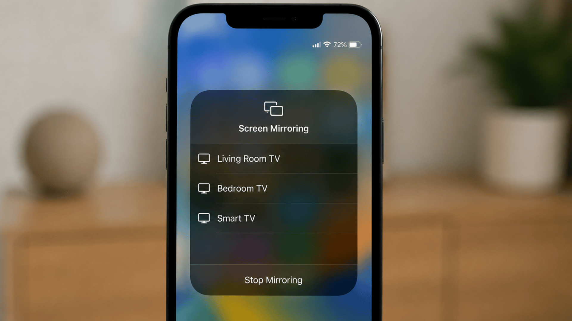 iPhone Screen Mirroring list showing available devices with a smart TV option highlighted