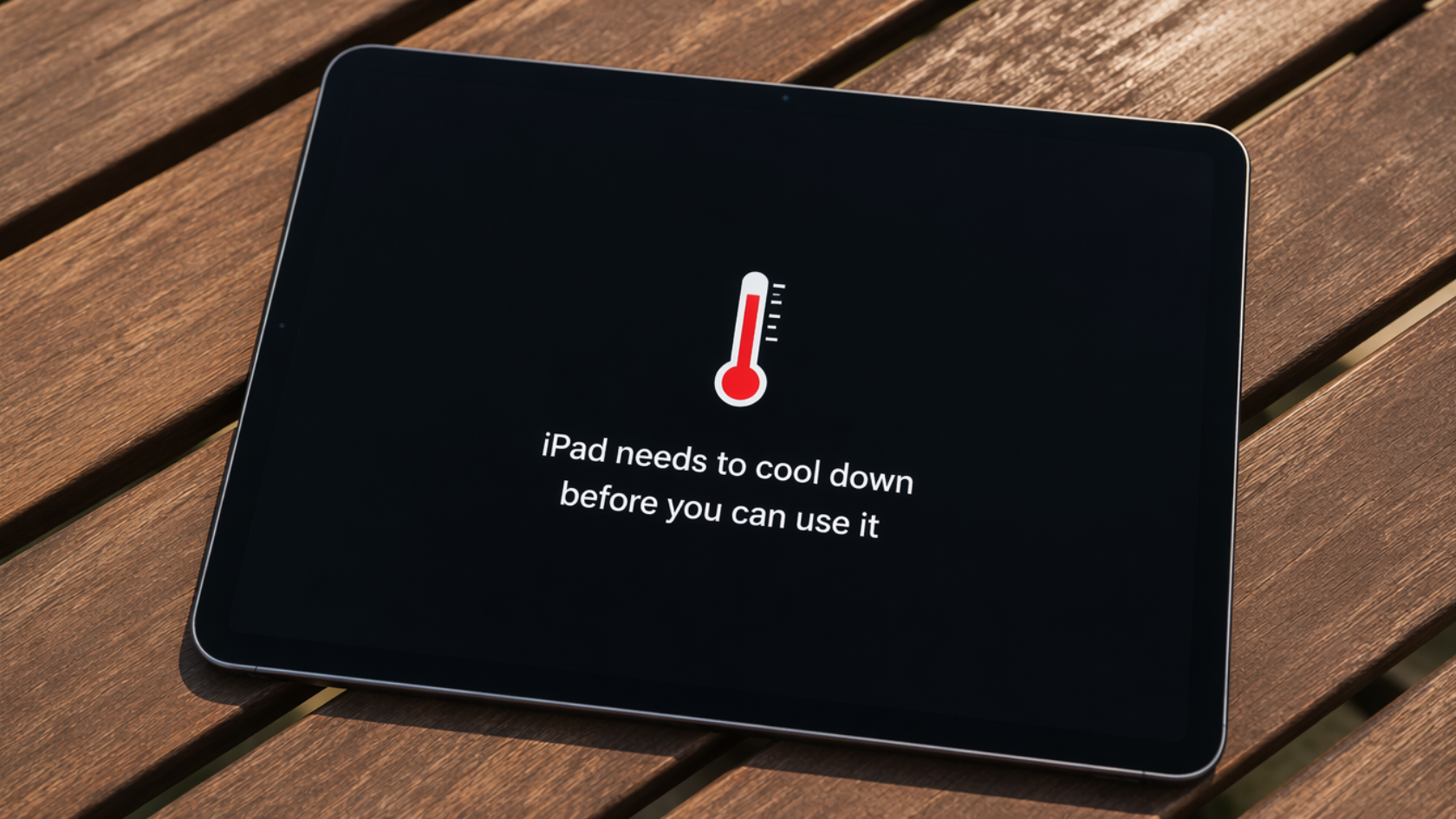 under 120 characters  15:58 iPad showing a temperature warning screen explaining why an iPad is not charging due to heat