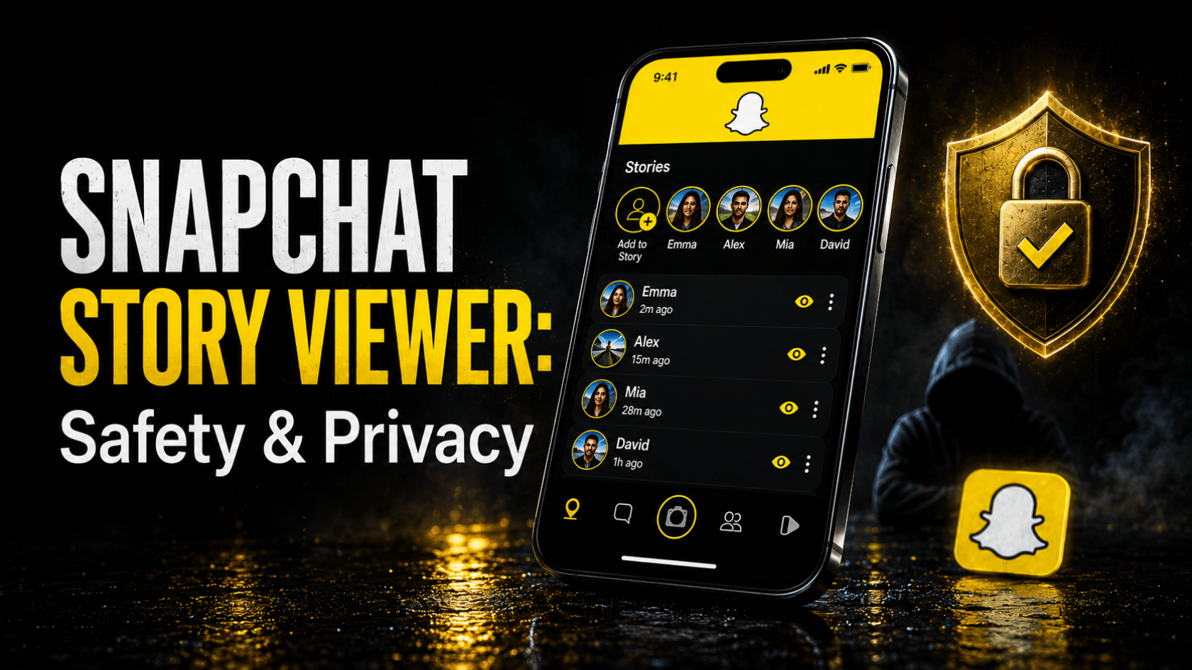 Smartphone showing Snapchat interface, gold shield icon, hooded figure, Snapchat logo, text 'Safety & Privacy'