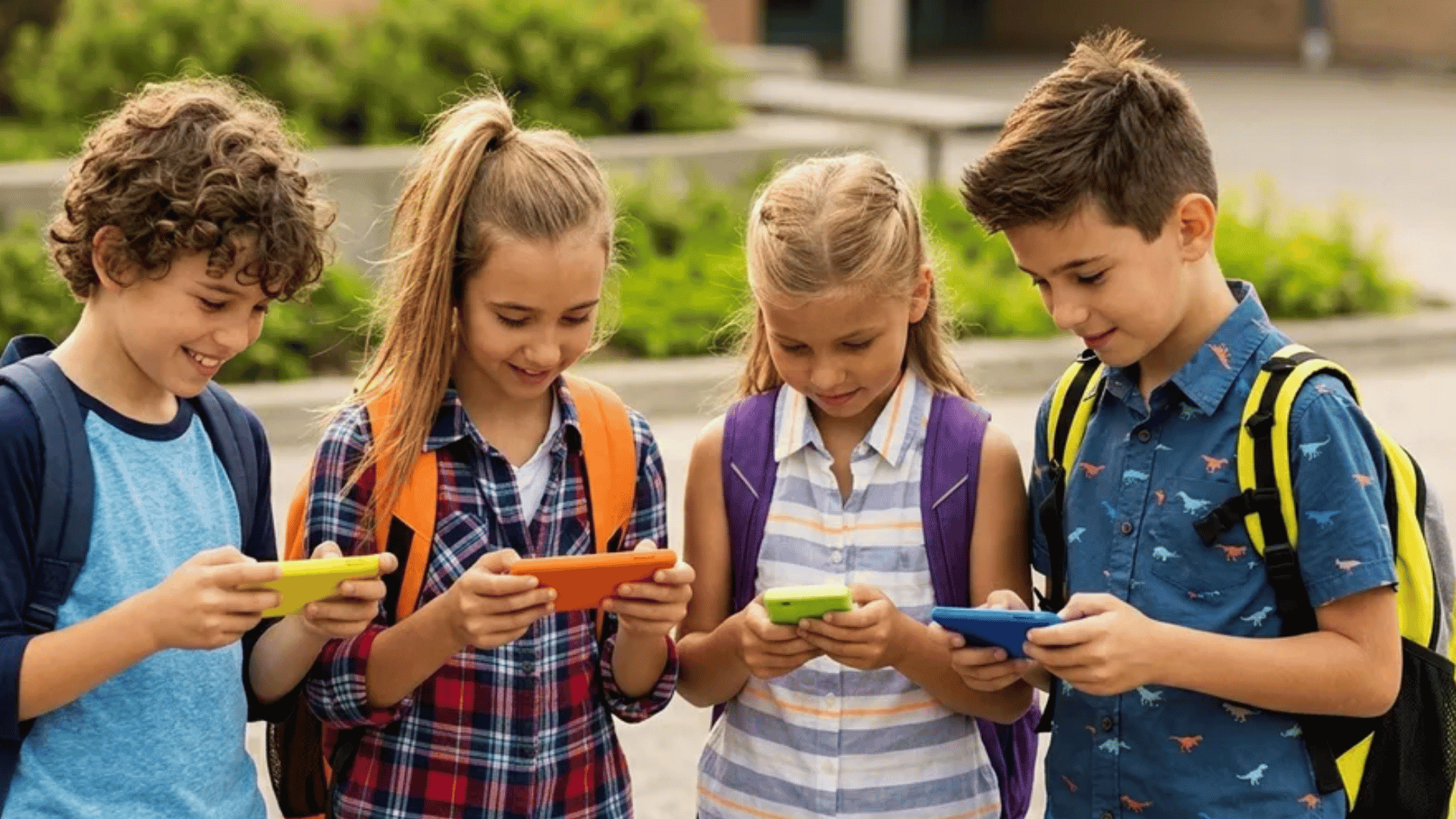 kids-using-iphones-outdoors-showing-screen-time-habits-and-parental-control-awareness-concept