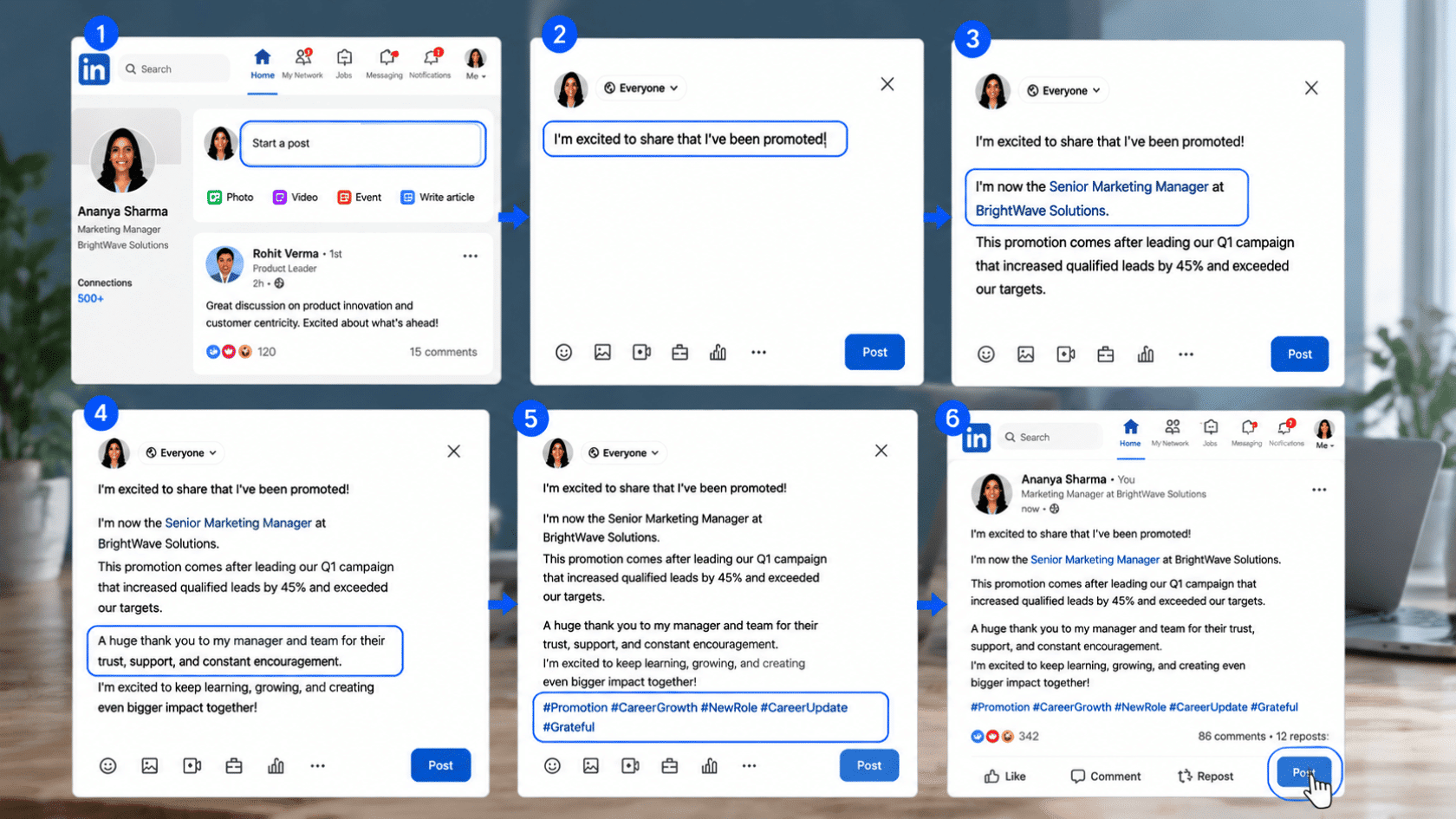 LinkedIn post editor showing promotion announcement draft in steps