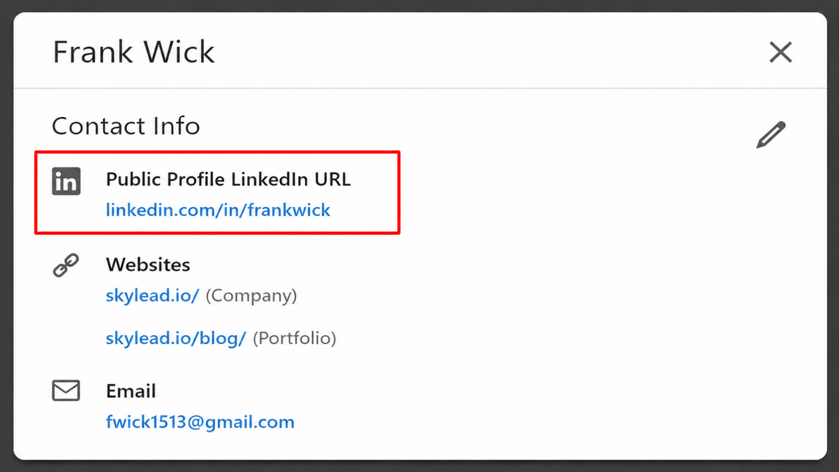 LinkedIn contact info popup for Frank Wick showing Public Profile LinkedIn URL highlighted, websites and email listed