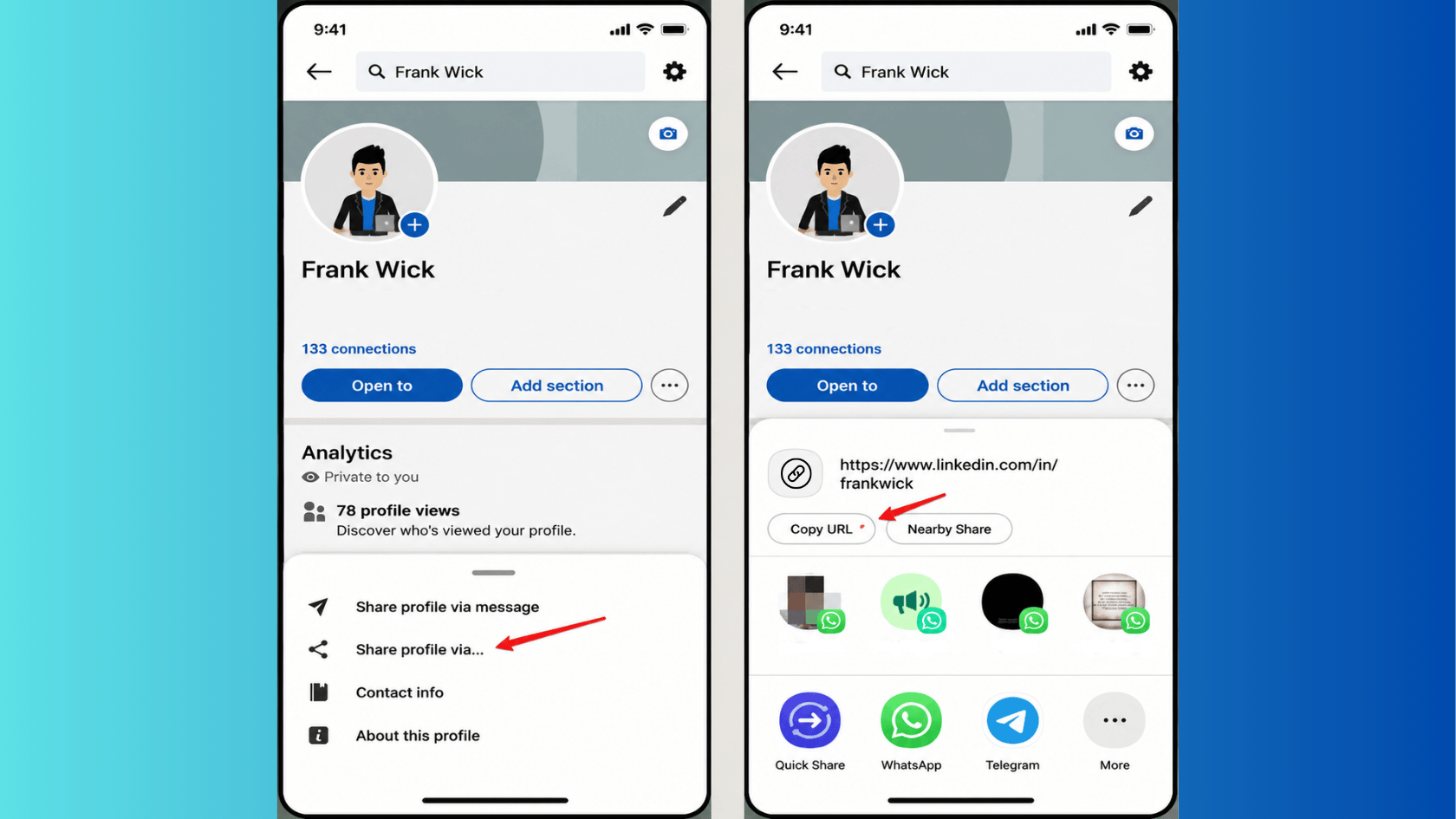 Side-by-side mobile LinkedIn profile screens for Frank Wick showing share profile options, contact info, and copy URL sheet