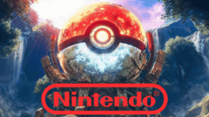 Large Poké Ball in a fantasy forest landscape with waterfalls and a Nintendo logo overlay.