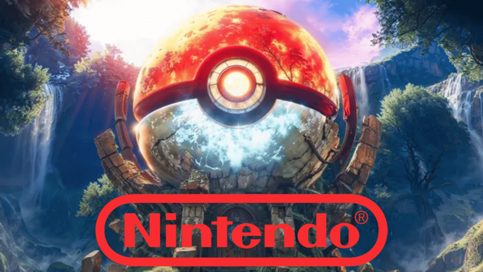 Large Poké Ball in a fantasy forest landscape with waterfalls and a Nintendo logo overlay.