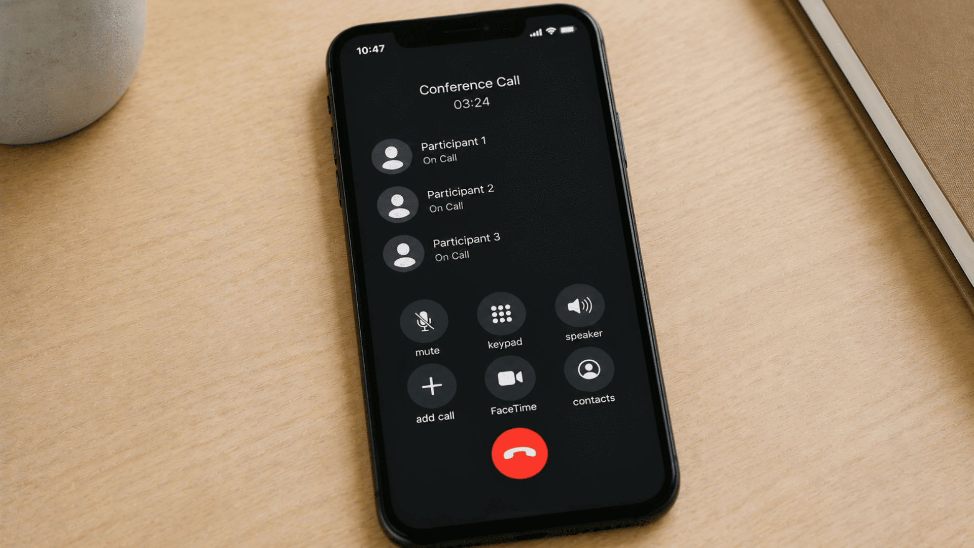 Smartphone on desk showing conference call screen with three participants listed and call controls visible