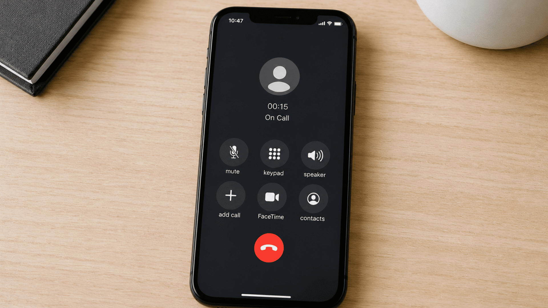 Smartphone on desk showing active call screen with single ongoing call indicator