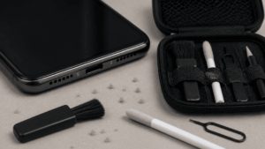 Smartphone on flat surface showing microphone opening close-up with small dust particles and tool with the case nearby.