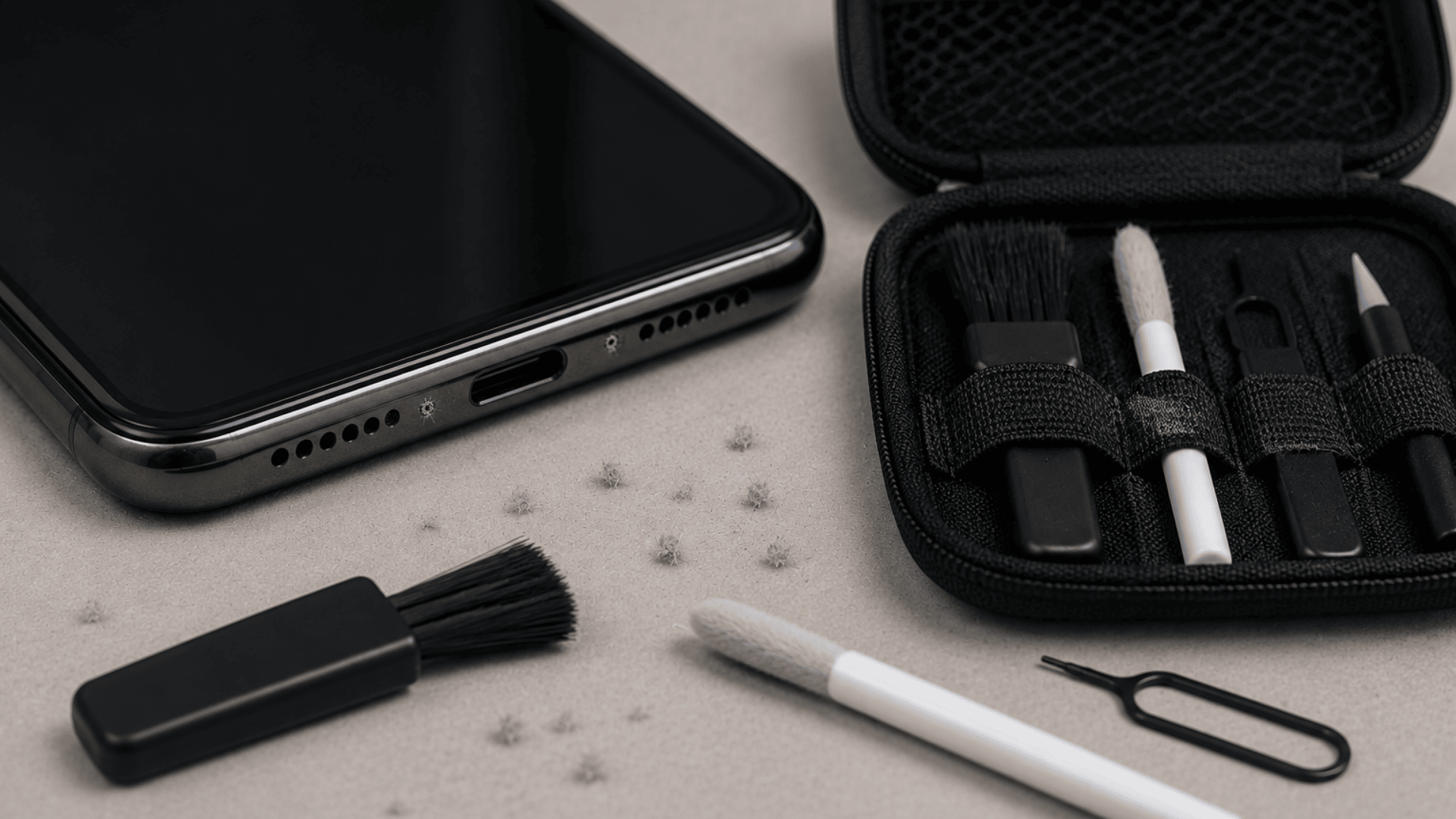 Smartphone on flat surface showing microphone opening close-up with small dust particles and tool with the case nearby.