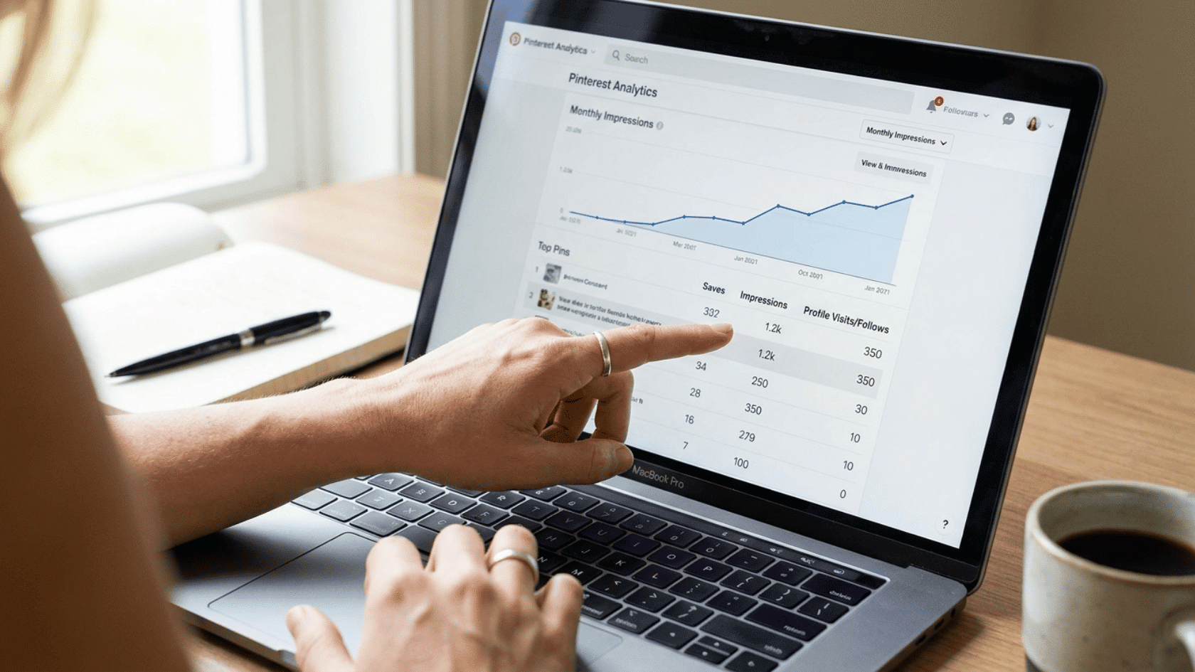 Woman checking Pinterest analytics on her laptop, learning how to increase followers on Pinterest