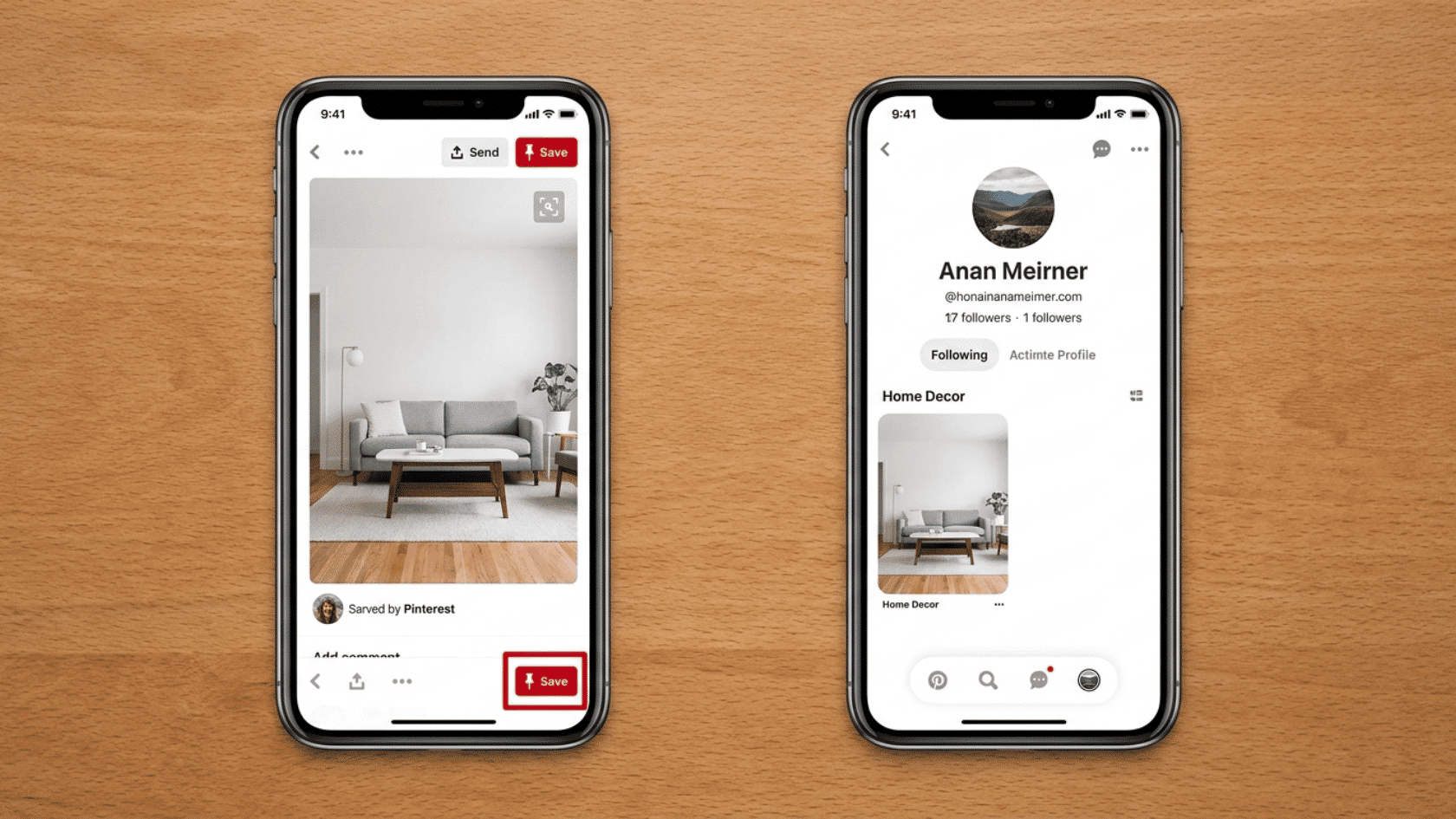 Saved Pin next to a Pinterest profile page, showing the two-step path to increase followers on Pinterest