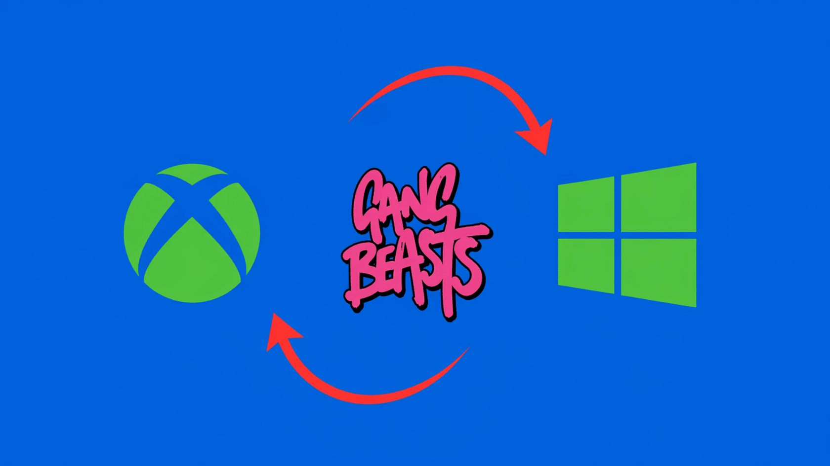 Gang Beasts logo between Xbox and Windows symbols with red arrows showing cross-platform play.