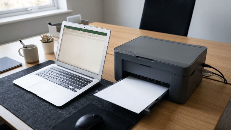 Printer on desk feeding blank sheet beside laptop in home office setup