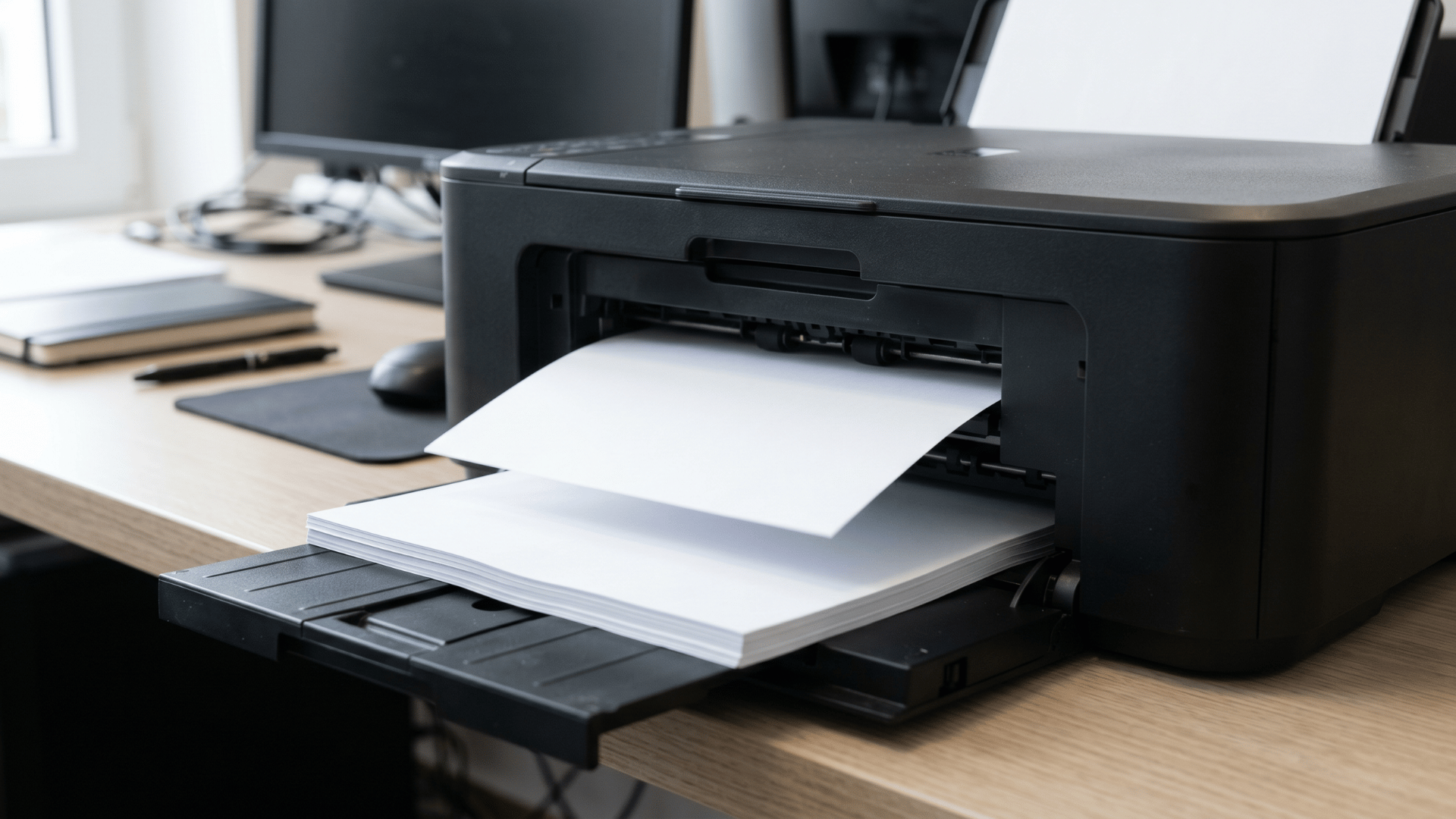 Printer feeding blank white pages onto output tray from inkjet printer