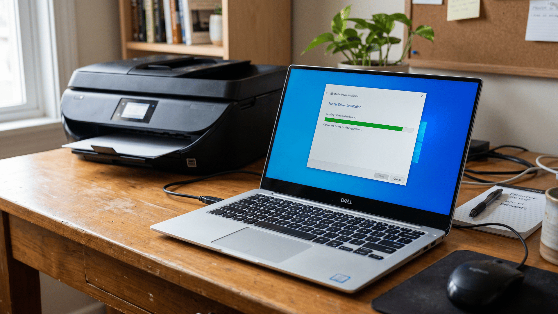 Laptop showing printer driver installation process with printer connected on a desk during setup