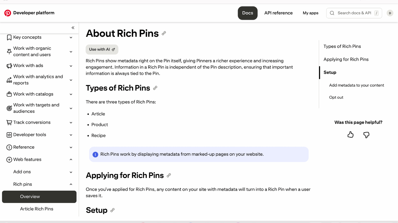 interest developer docs page explaining Rich Pins setup, a feature that can increase followers on Pinterest