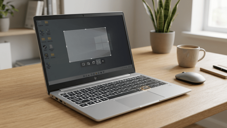 Windows laptop showing keyboard with PrtSc key and screen with screenshot selection overlay on dimmed display