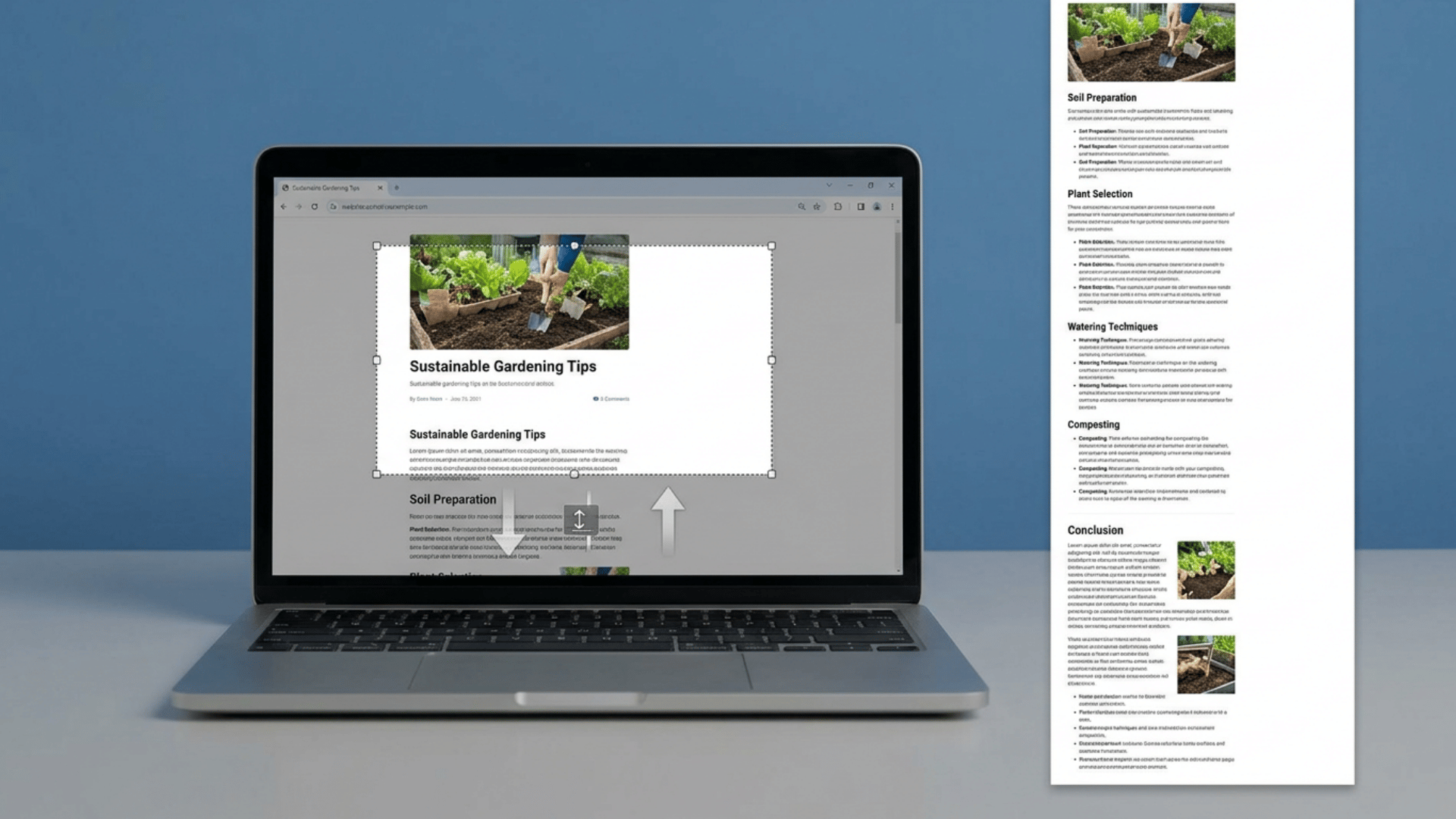 Laptop screen showing scrolling screenshot process with long webpage preview displayed beside it
