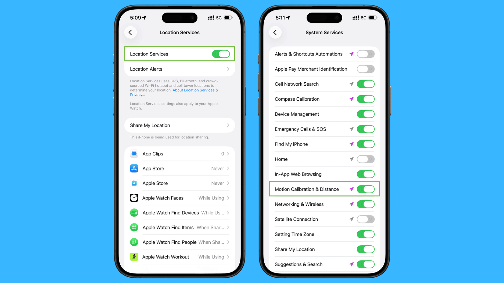 iPhone Location Services settings showing Motion Calibration & Distance enabled for Apple Watch calibration.