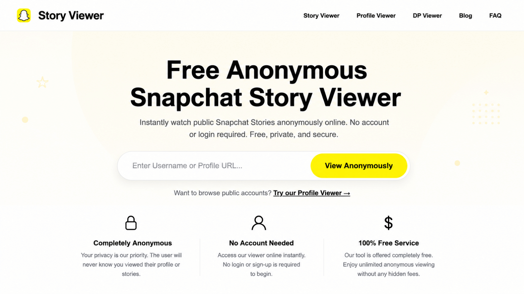 Landing page for Free Anonymous Snapchat Story Viewer with search field, View Anonymously button and feature icons