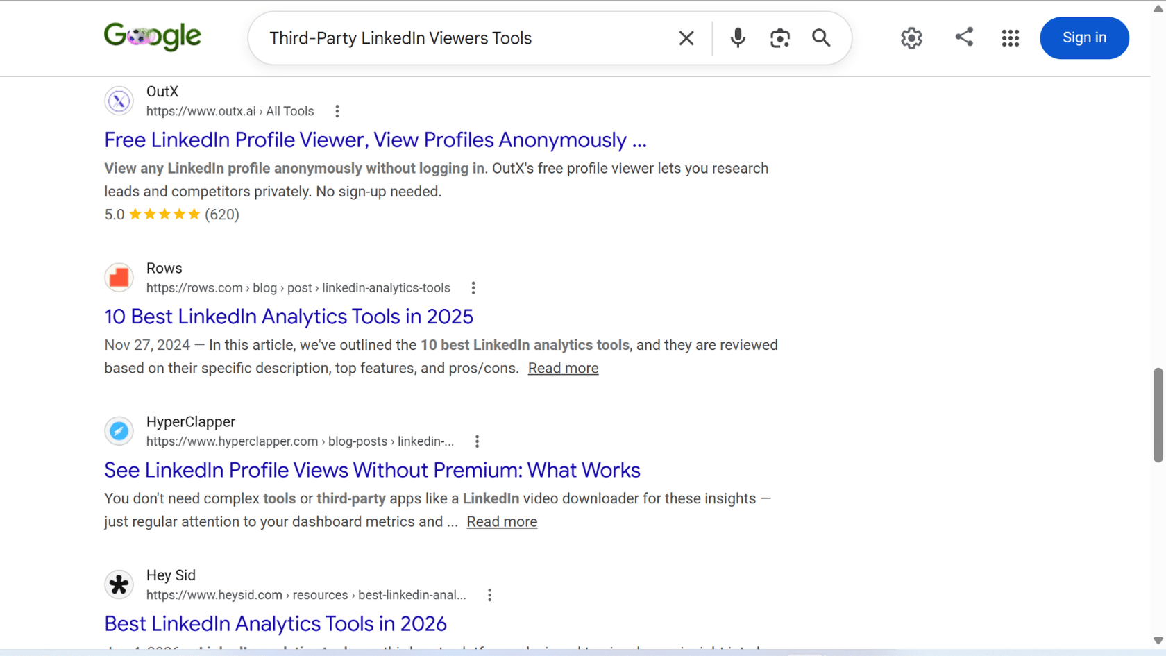 Google results page for 'Third-Party LinkedIn Viewers Tools' showing sponsored results and tool listings