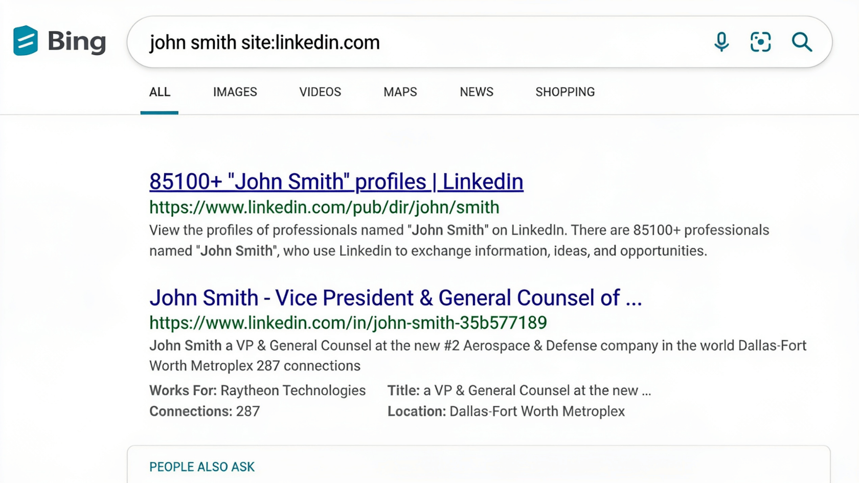 Bing search results for 'john smith site:linkedin.com' showing LinkedIn profile listings and result links