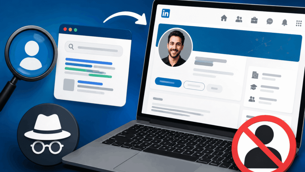 Laptop showing LinkedIn profile page with privacy and anonymous browsing icons on blue background