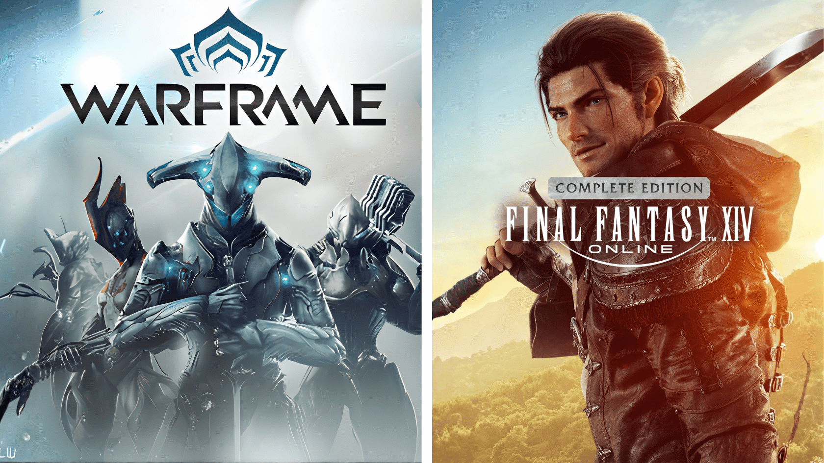 Split image showing Warframe characters and a Final Fantasy XIV Online game cover with fantasy warriors.
