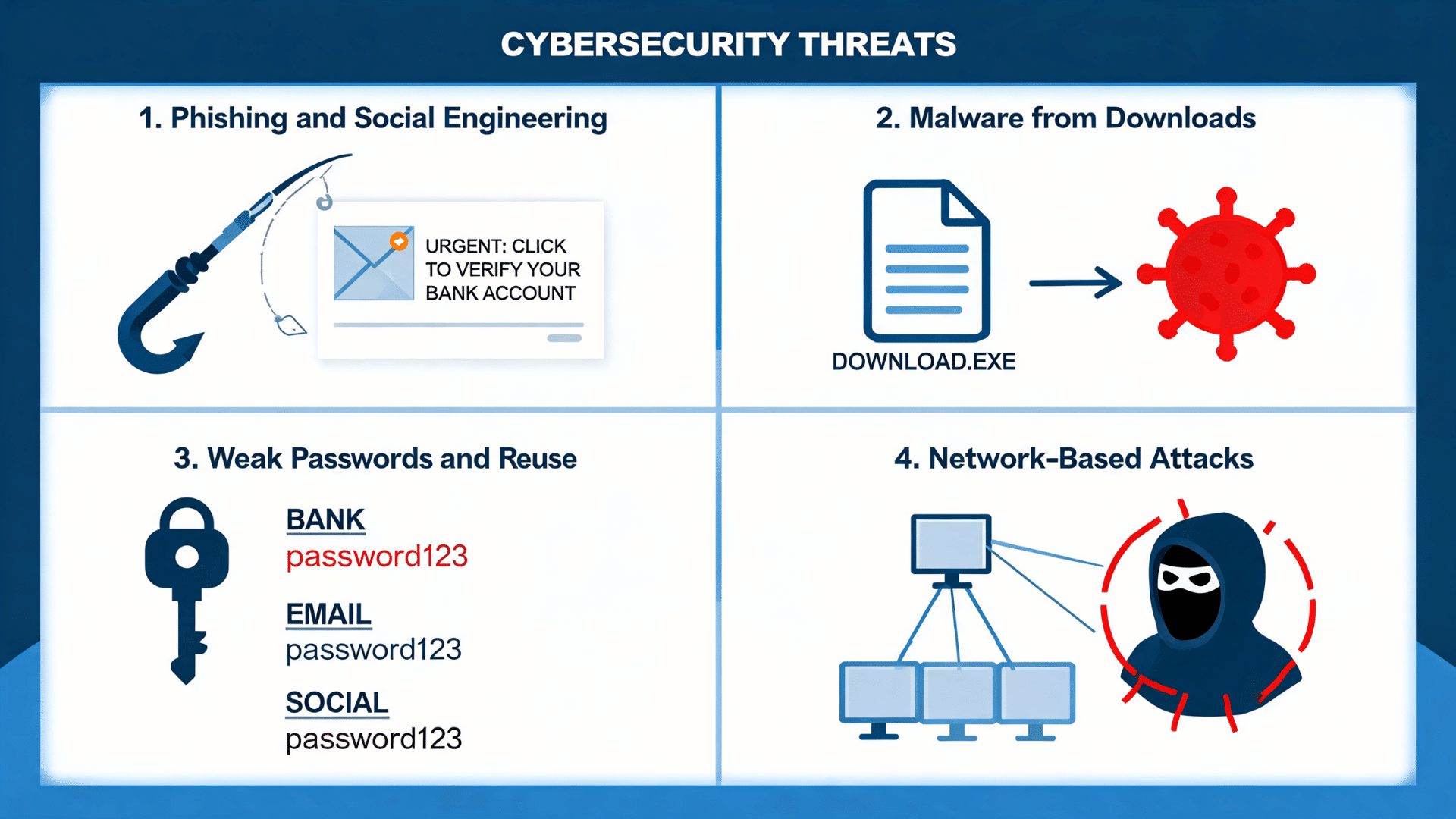 Phishing and Social Engineering email, Malware from Downloads file, Weak Passwords and Reuse, Network attacks hacker icon