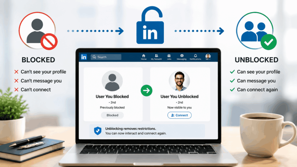 LinkedIn logo with laptop showing interface, user icon with lock, arrow pointing to user icon with check mark on desk