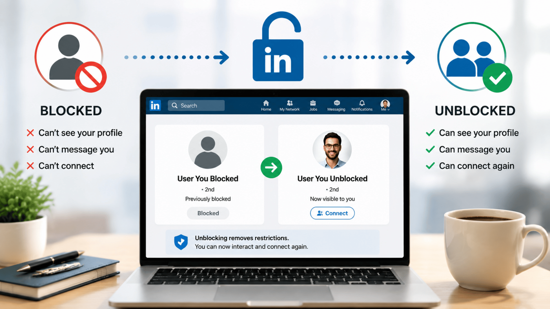 LinkedIn logo with laptop showing interface, user icon with lock, arrow pointing to user icon with check mark on desk