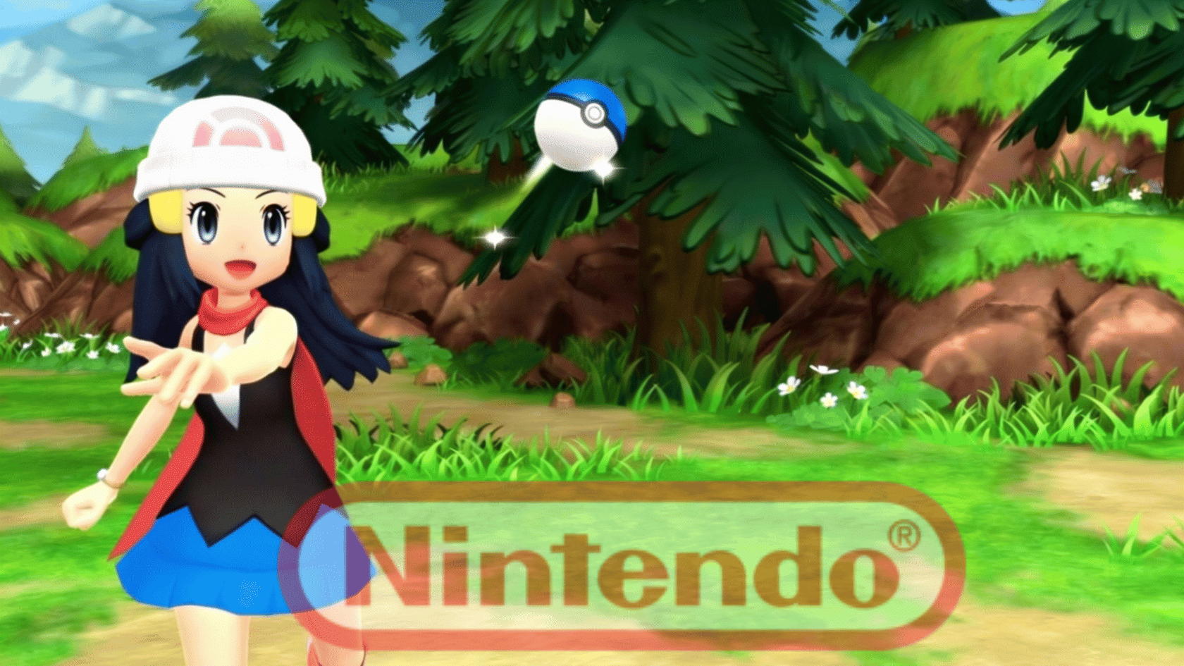 Pokémon trainer character standing in a forest with a glowing Poké Ball in a Nintendo game scene.