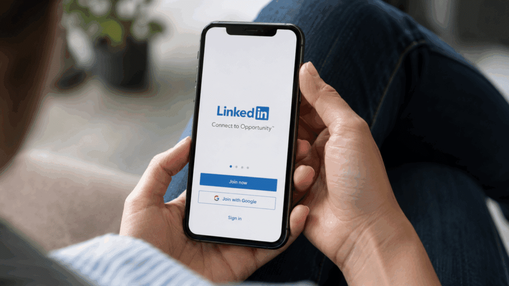 Hands holding smartphone showing LinkedIn login screen with Join now, Join with Google and Sign in options