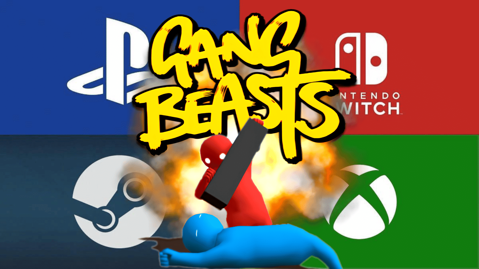 Gang Beasts logo over PlayStation, Nintendo Switch, Steam, and Xbox symbols with red and blue fighters.